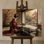 Crimson & Gold Tea House Japanese Geisha Art Canvas Print displayed on a studio easel