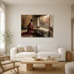 Crimson & Gold Tea House Japanese Geisha Art Canvas Print styled in a refined neutral interior