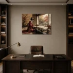 Crimson & Gold Tea House Japanese Geisha Art Canvas Print displayed in a contemporary gallery-inspired room