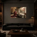 Crimson & Gold Tea House Japanese Geisha Art Canvas Print shown in a warm modern interior