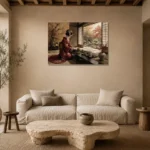 Crimson & Gold Tea House Japanese Geisha Art Canvas Print presented in a sophisticated home setting