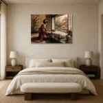 Crimson & Gold Tea House Japanese Geisha Art Canvas Print showcased in an elegant minimalist interior
