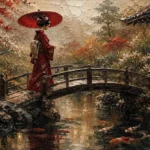 Crimson & Moss Koi Pond Japanese Geisha Art Canvas Print