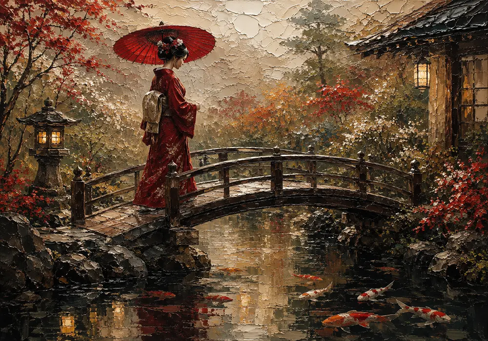 Crimson & Moss Koi Pond Japanese Geisha Art Canvas Print