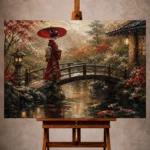 Crimson and moss green serene Japanese Geisha Art print for elegant interiors. No text or watermarks in design.