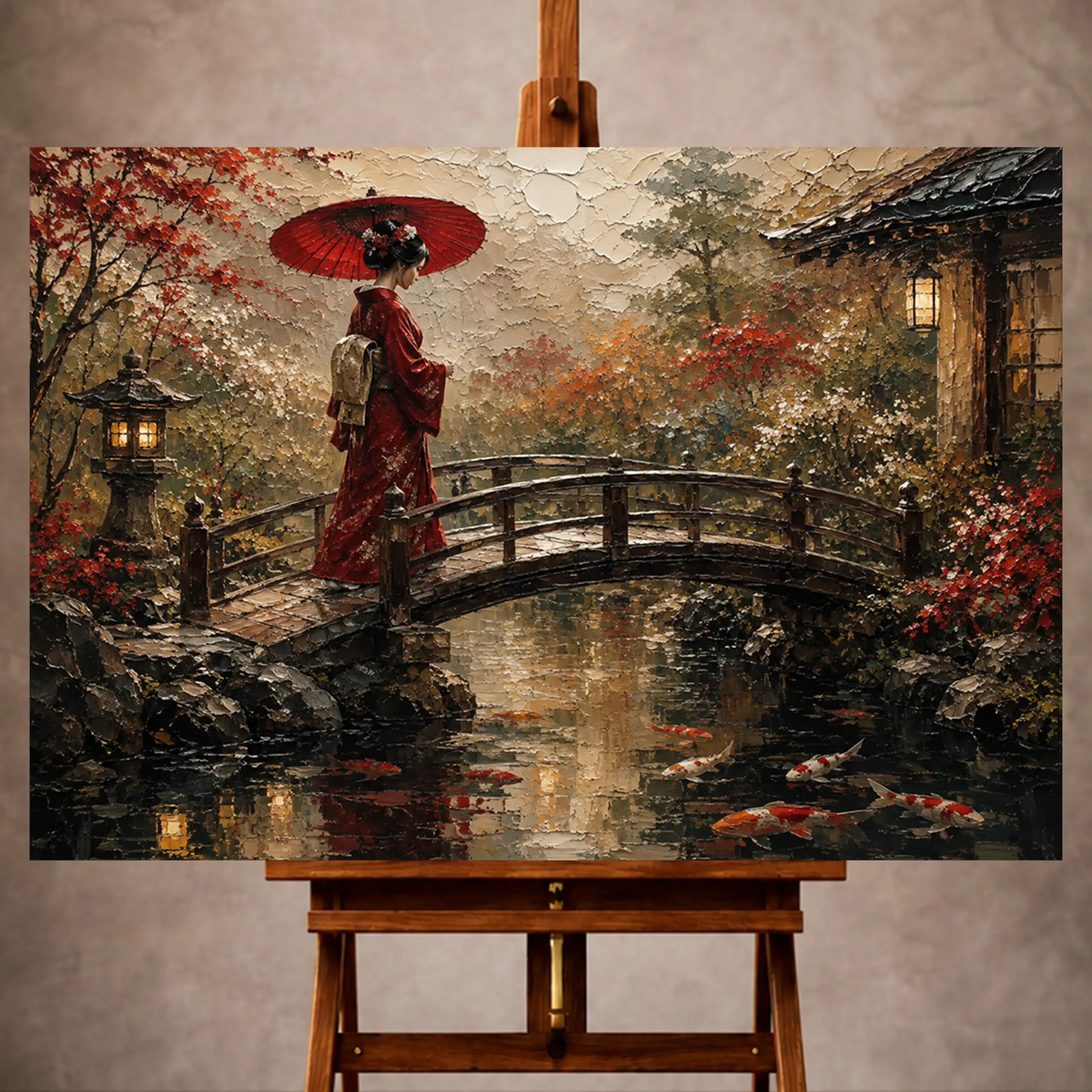 Premium Wall Art Yatay Html Edition – GYSHA033 Image 1 Crimson and moss green serene Japanese Geisha Art print for elegant interiors. No text or watermarks in design.