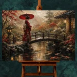 Crimson & Moss Koi Pond Japanese Geisha Art Canvas Print - Image 2