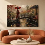 Crimson & Moss Koi Pond Japanese Geisha Art Canvas Print - Image 3