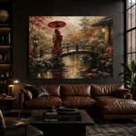 Crimson & Moss Koi Pond Japanese Geisha Art Canvas Print - Image 4