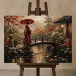 Crimson & Moss Koi Pond Japanese Geisha Art Canvas Print displayed on a studio easel