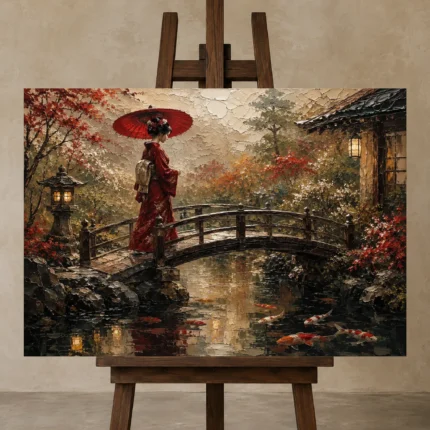 Crimson & Moss Koi Pond Japanese Geisha Art Canvas Print shown in Studio Easel