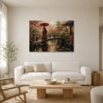 Crimson & Moss Koi Pond Japanese Geisha Art Canvas Print styled in a refined neutral interior