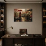 Crimson & Moss Koi Pond Japanese Geisha Art Canvas Print displayed in a contemporary gallery-inspired room