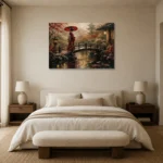 Crimson & Moss Koi Pond Japanese Geisha Art Canvas Print showcased in an elegant minimalist interior