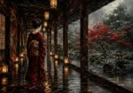 Crimson & Smoky Gray Lantern Corridor Japanese Geisha Art Canvas Print