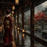 Crimson & Smoky Gray Lantern Corridor Japanese Geisha Art Canvas Print