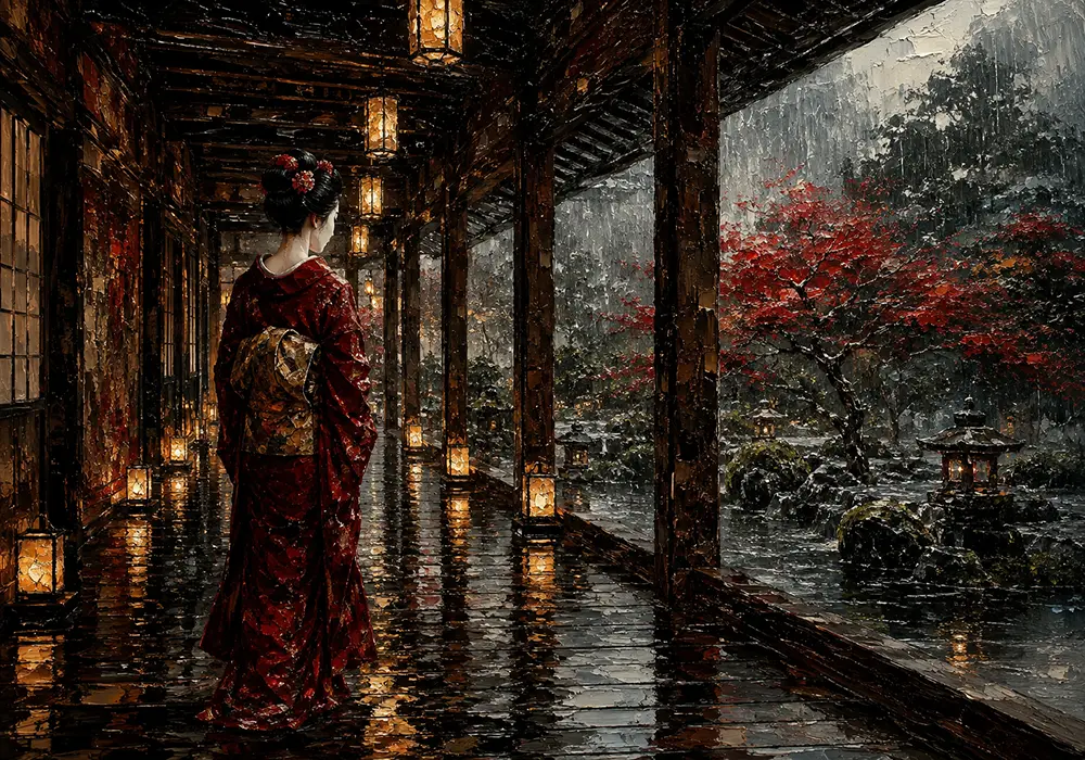 Crimson & Smoky Gray Lantern Corridor Japanese Geisha Art Canvas Print