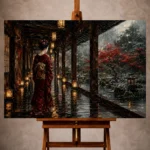 Crimson and smoky gray tranquil Japanese Geisha Art print for elegant interiors. No text or watermarks in design.