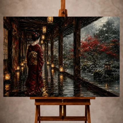 Crimson and smoky gray tranquil Japanese Geisha Art print for elegant interiors. No text or watermarks in design.