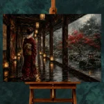 Crimson & Smoky Gray Lantern Corridor Japanese Geisha Art Canvas Print - Image 2