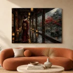 Crimson & Smoky Gray Lantern Corridor Japanese Geisha Art Canvas Print - Image 3