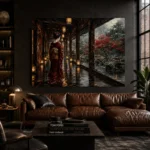 Crimson & Smoky Gray Lantern Corridor Japanese Geisha Art Canvas Print - Image 4