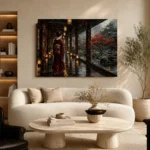 Crimson & Smoky Gray Lantern Corridor Japanese Geisha Art Canvas Print - Image 7