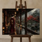 Crimson & Smoky Gray Lantern Corridor Japanese Geisha Art Canvas Print displayed on a studio easel
