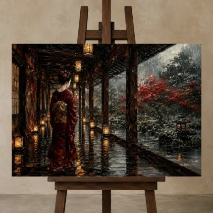 Crimson & Smoky Gray Lantern Corridor Japanese Geisha Art Canvas Print shown in Studio Easel