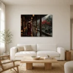 Crimson & Smoky Gray Lantern Corridor Japanese Geisha Art Canvas Print styled in a refined neutral interior