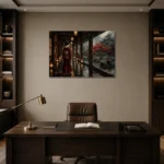 Crimson & Smoky Gray Lantern Corridor Japanese Geisha Art Canvas Print displayed in a contemporary gallery-inspired room