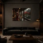 Crimson & Smoky Gray Lantern Corridor Japanese Geisha Art Canvas Print shown in a warm modern interior