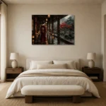 Crimson & Smoky Gray Lantern Corridor Japanese Geisha Art Canvas Print showcased in an elegant minimalist interior