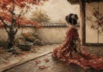 Crimson & Champagne Autumn Veranda Japanese Geisha Art Canvas Print