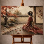 Crimson and champagne contemplative Japanese Geisha Art print for elegant interiors. No text or watermarks in design.
