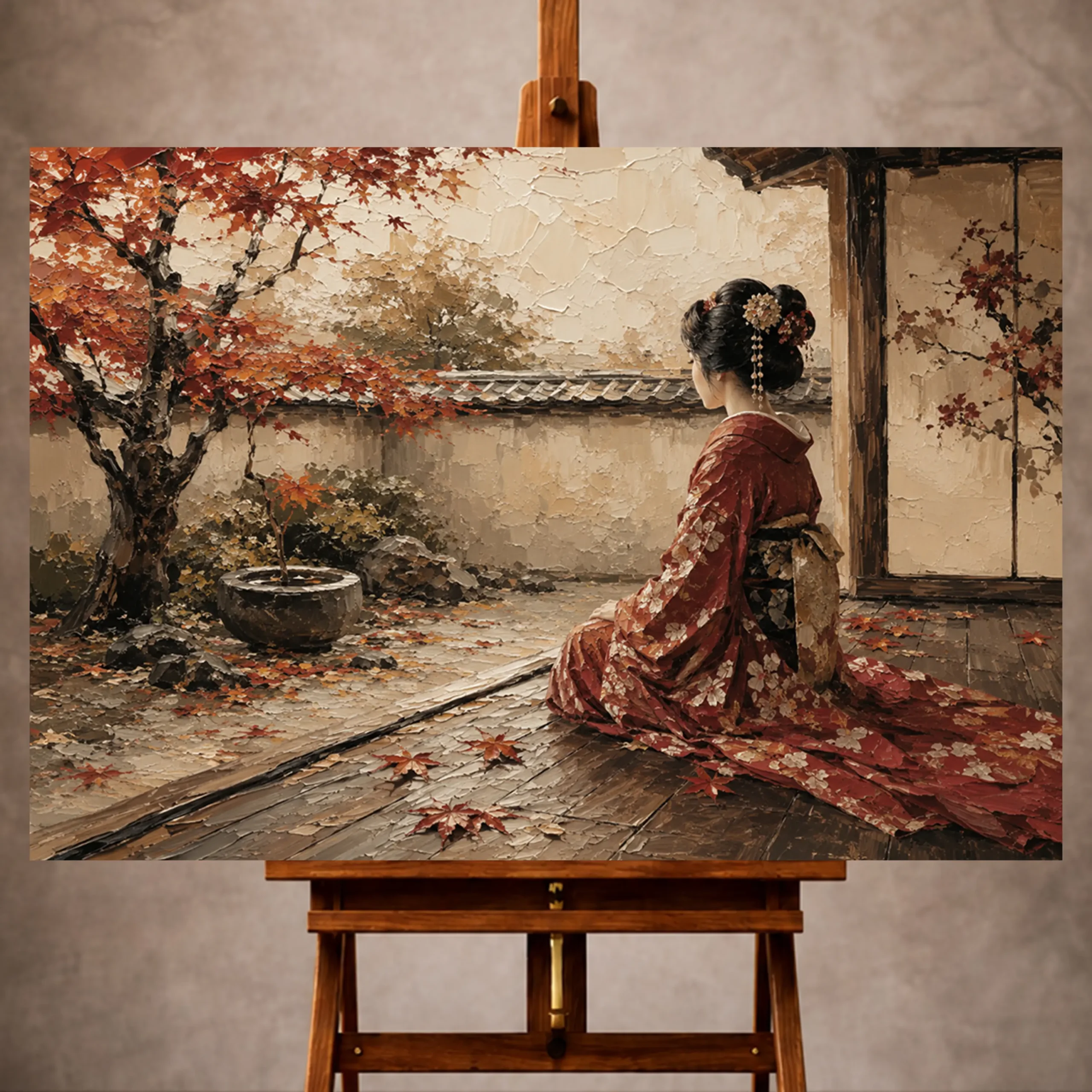 Premium Wall Art Yatay Html Edition – GYSHA035 Image 1 Crimson and champagne contemplative Japanese Geisha Art print for elegant interiors. No text or watermarks in design.