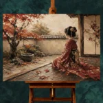 Crimson & Champagne Autumn Veranda Japanese Geisha Art Canvas Print - Image 2
