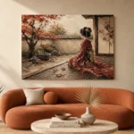 Crimson & Champagne Autumn Veranda Japanese Geisha Art Canvas Print - Image 3