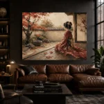 Crimson & Champagne Autumn Veranda Japanese Geisha Art Canvas Print - Image 4