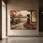 Crimson & Champagne Autumn Veranda Japanese Geisha Art Canvas Print - Image 6