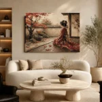 Crimson & Champagne Autumn Veranda Japanese Geisha Art Canvas Print - Image 7