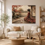 Crimson & Champagne Autumn Veranda Japanese Geisha Art Canvas Print - Image 8