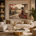Crimson & Champagne Autumn Veranda Japanese Geisha Art Canvas Print - Image 10