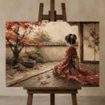 Crimson & Champagne Autumn Veranda Japanese Geisha Art Canvas Print displayed on a studio easel