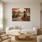 Crimson & Champagne Autumn Veranda Japanese Geisha Art Canvas Print styled in a refined neutral interior