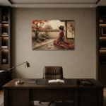 Crimson & Champagne Autumn Veranda Japanese Geisha Art Canvas Print displayed in a contemporary gallery-inspired room