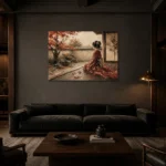 Crimson & Champagne Autumn Veranda Japanese Geisha Art Canvas Print shown in a warm modern interior