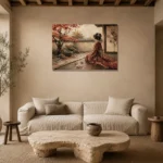 Crimson & Champagne Autumn Veranda Japanese Geisha Art Canvas Print presented in a sophisticated home setting
