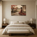 Crimson & Champagne Autumn Veranda Japanese Geisha Art Canvas Print showcased in an elegant minimalist interior