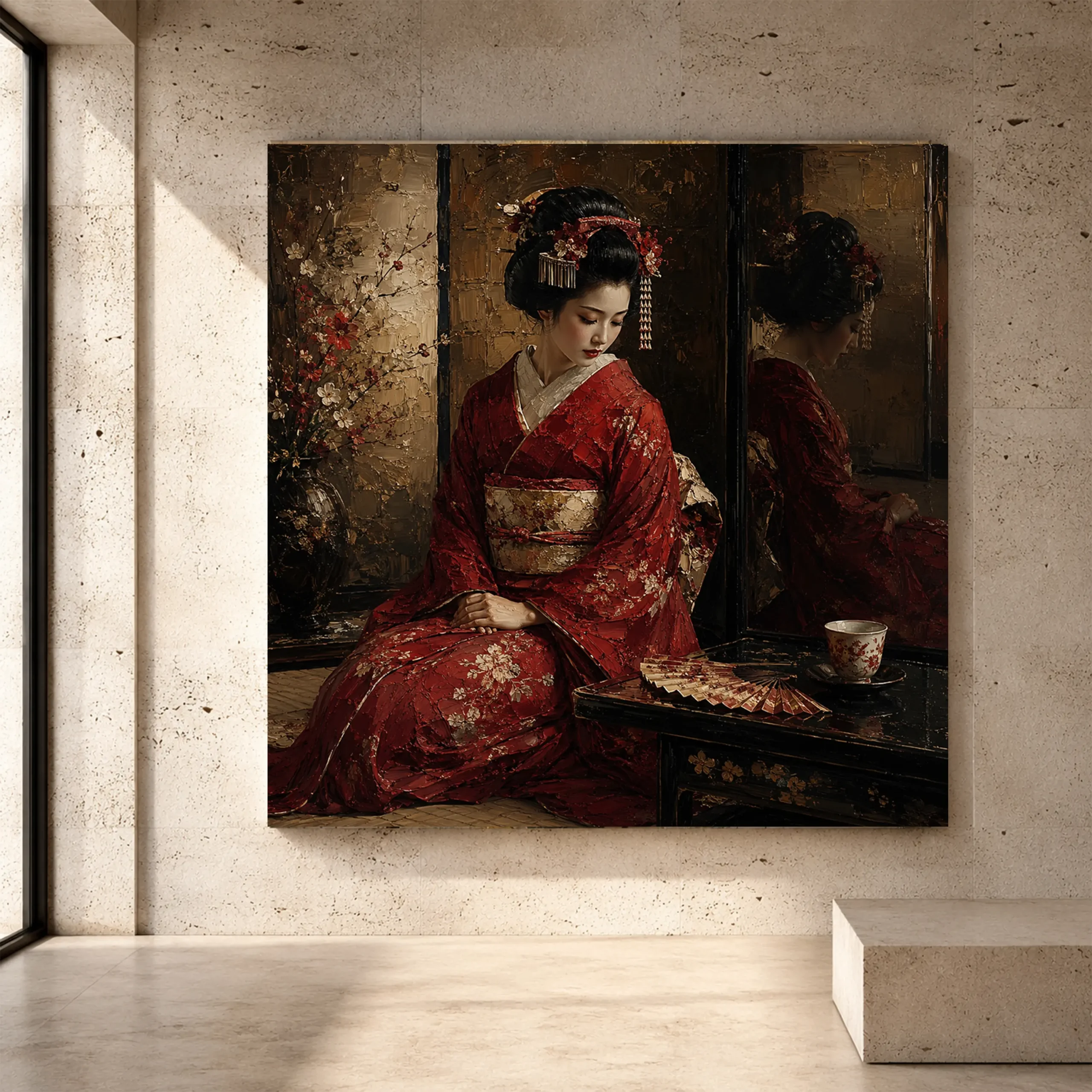 Premium Wall Art Kare Html Edition – GYSHA036 Image 1 Crimson and bronze intimate Japanese Geisha Art print for elegant interiors. No text or watermarks in design.